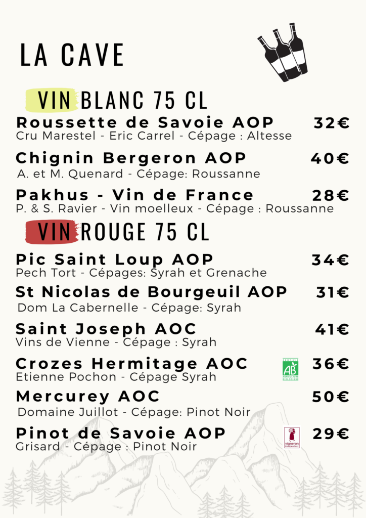 Carte des vins de la table du berger à Beaufort