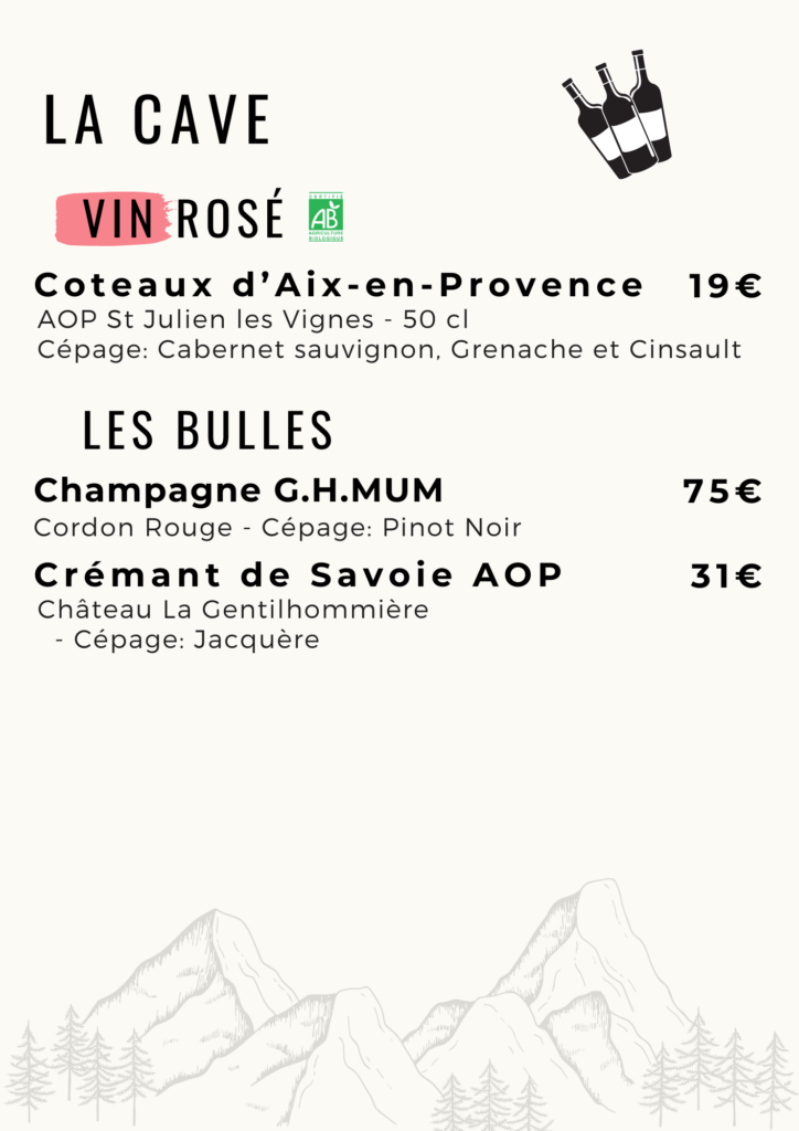 Carte des vins de la table du berger à Beaufort