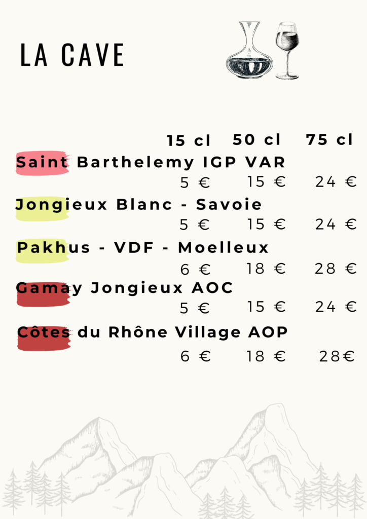 Carte des vins de la table du berger à Beaufort